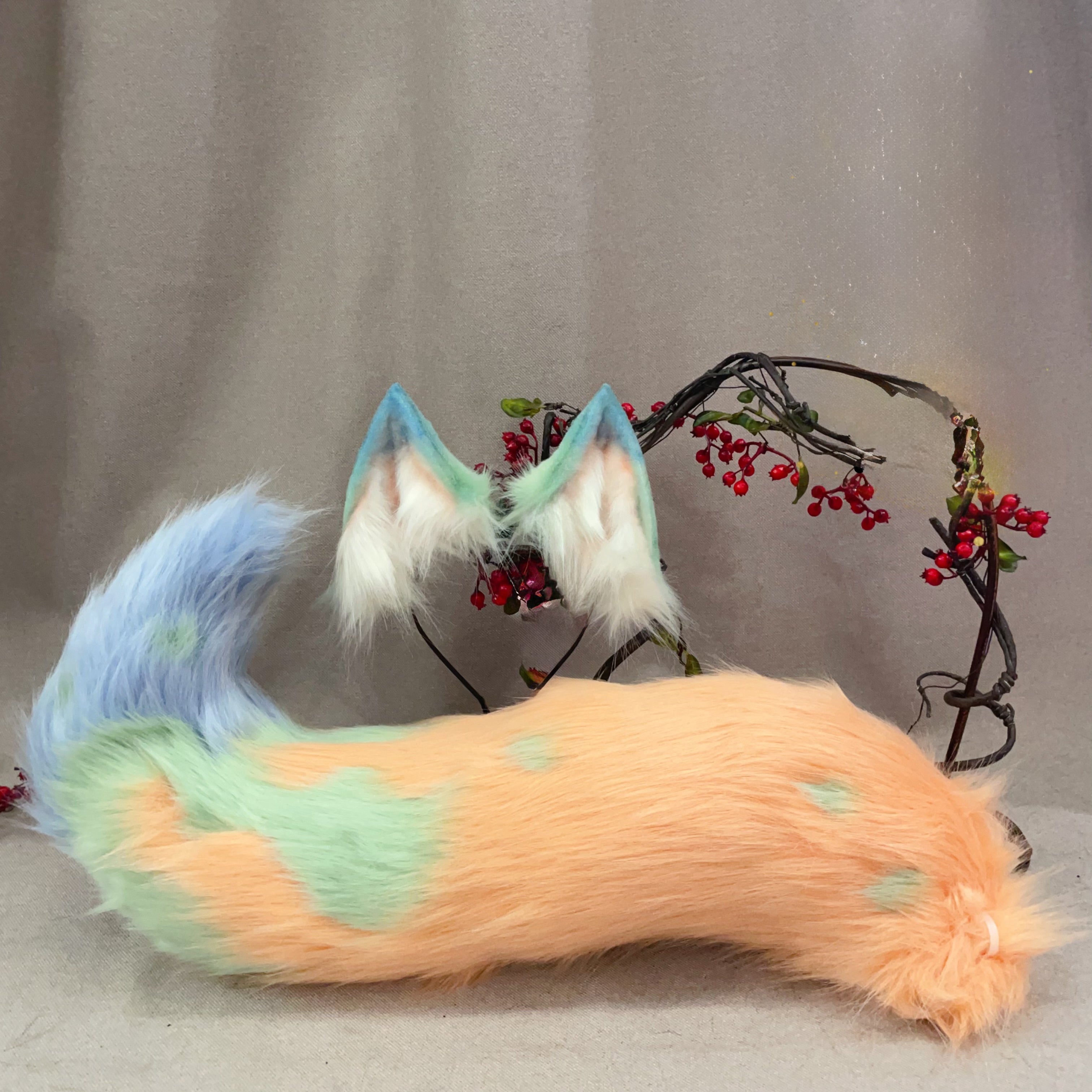 dress up,Artificial Fur-aquamarine Wolf ,Beast ears and tail